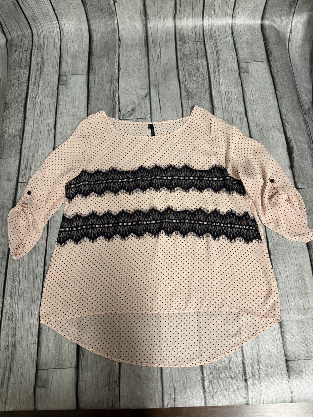 Women’s Maurices Sheer 3/4-Sleeve Blouse Lt Pink W Black Polka Dots & Lace XL